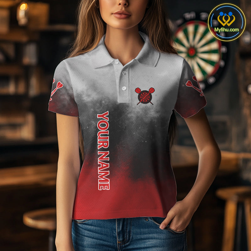 Custom Black, Gray And Red Smoke Darts Polo Shirts For Women, Flame Dart Shirt NYN0060
