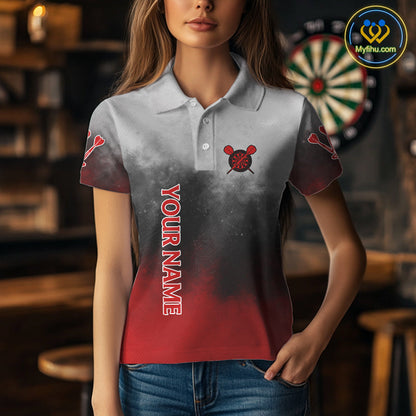 Custom Black, Gray And Red Smoke Darts Polo Shirts For Women, Flame Dart Shirt NYN0060