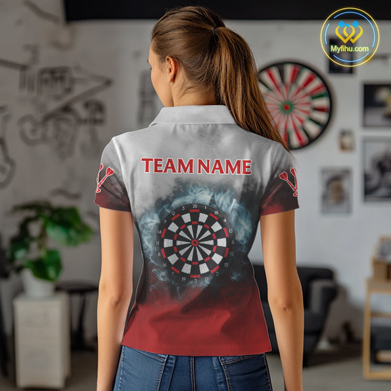 Custom Black, Gray And Red Smoke Darts Polo Shirts For Women, Flame Dart Shirt NYN0060