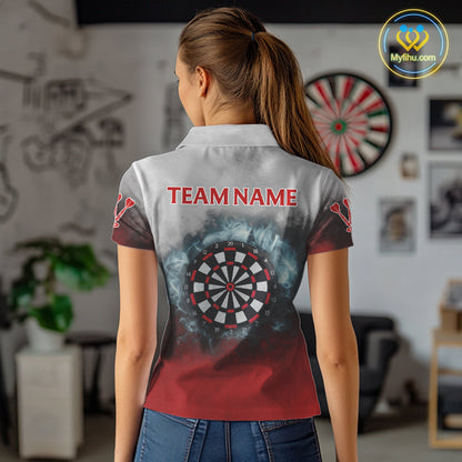 Custom Black, Gray And Red Smoke Darts Polo Shirts For Women, Flame Dart Shirt NYN0060