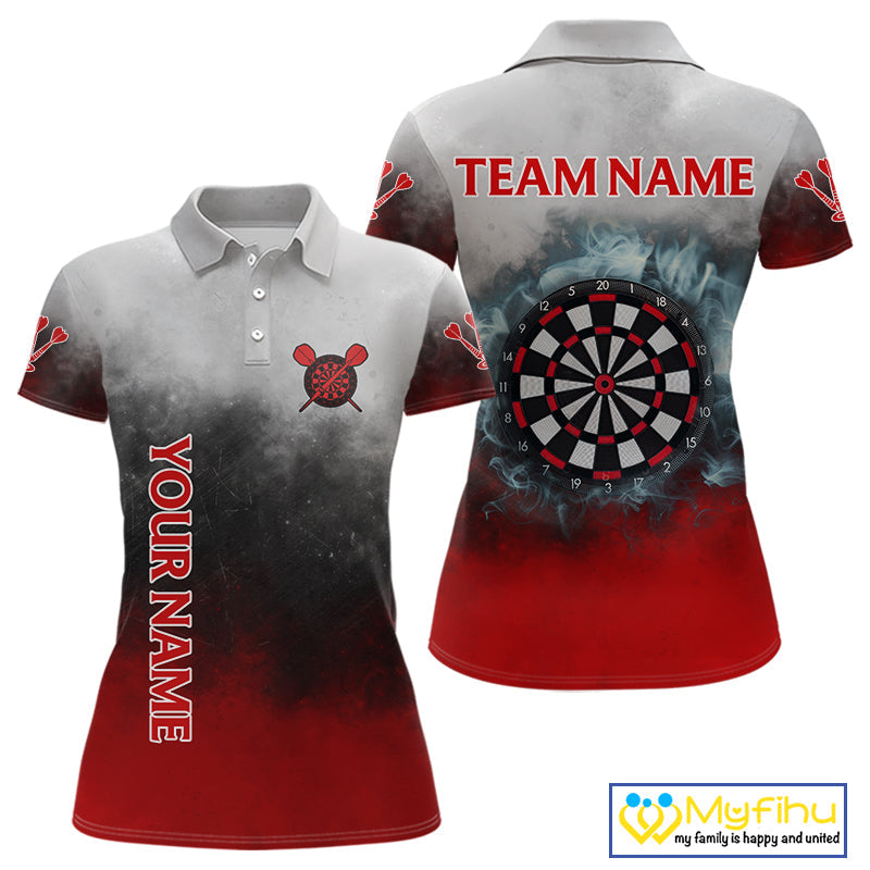 Custom Black, Gray And Red Smoke Darts Polo Shirts For Women, Flame Dart Shirt NYN0060