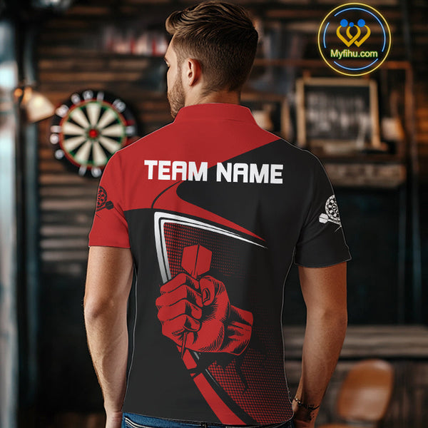 Custom Black And Red Strong Darts Team Men Polo Shirts, Dart Jerseys NYN0064
