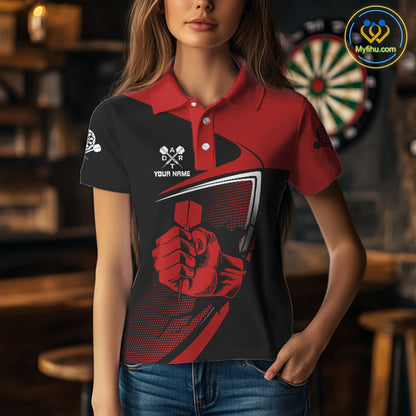 Custom Black And Red Strong Darts Team Women Polo Shirts, Dart Jerseys NYN0064