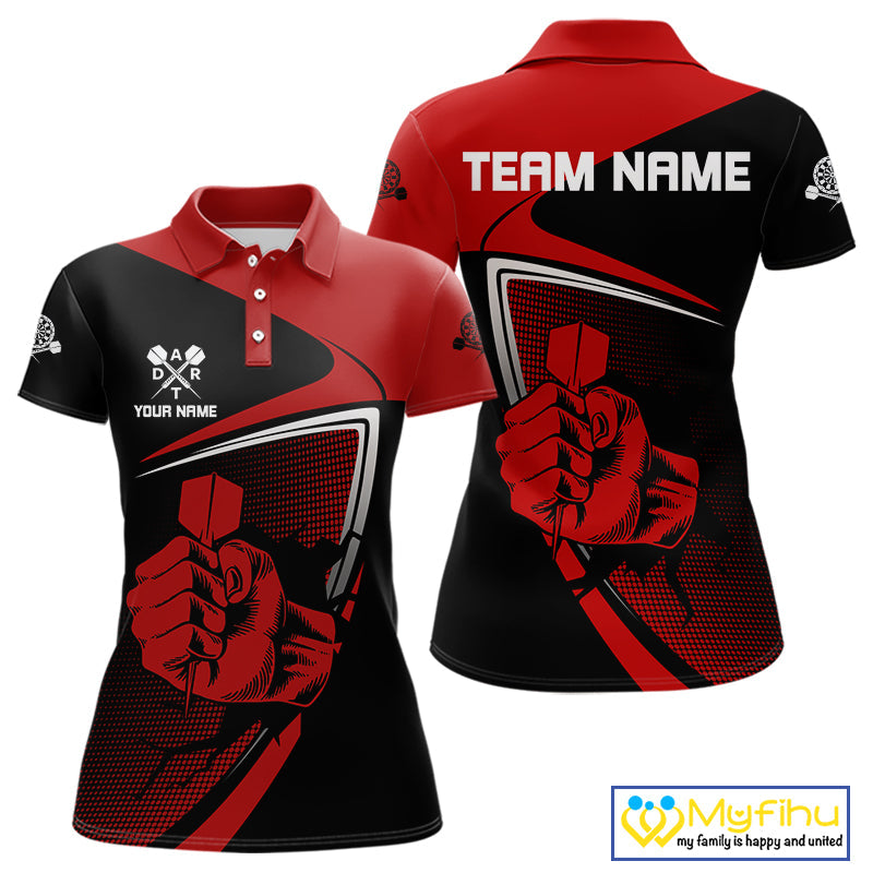 Custom Black And Red Strong Darts Team Women Polo Shirts, Dart Jerseys NYN0064