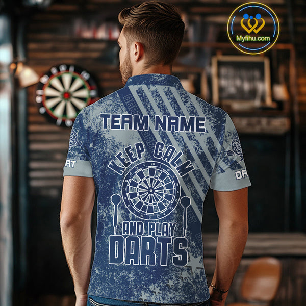 Custom Grunge Blue Vintage Darts Team Men Polo Shirts Sayings Keep Calm And Play Darts NYN0065