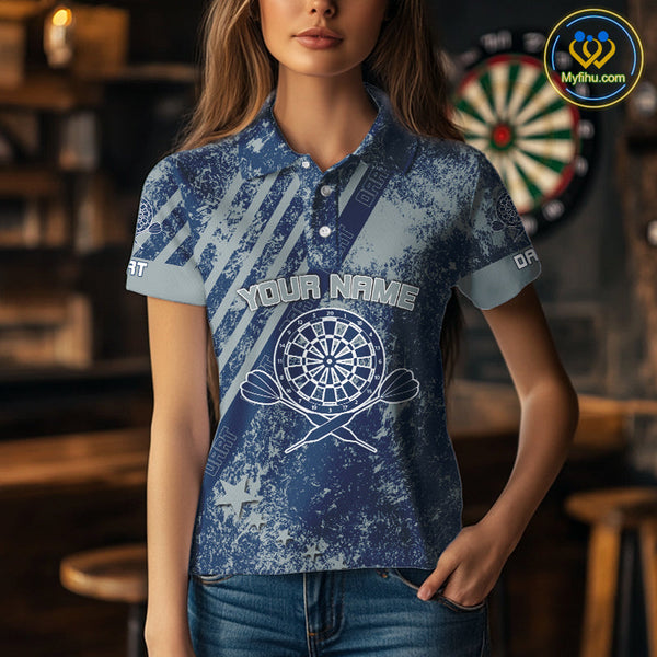 Custom Grunge Blue Vintage Darts Team Women Polo Shirts Sayings Keep Calm And Play Darts NYN0065