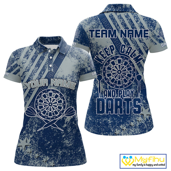 Custom Grunge Blue Vintage Darts Team Women Polo Shirts Sayings Keep Calm And Play Darts NYN0065