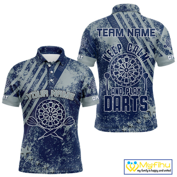 Custom Grunge Blue Vintage Darts Team Men Polo Shirts Sayings Keep Calm And Play Darts NYN0065