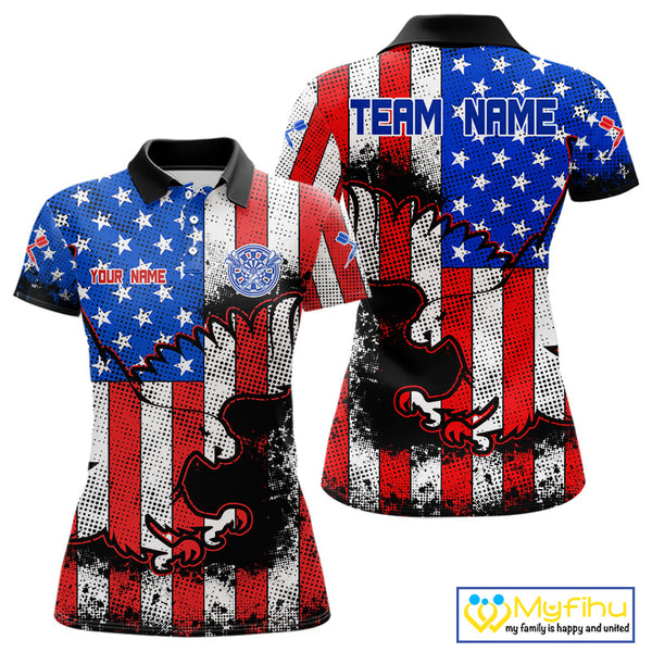 Custom Grunge US Flag Dart Patriotic Eagle Dart Team Polo Shirts For Women NYN0214