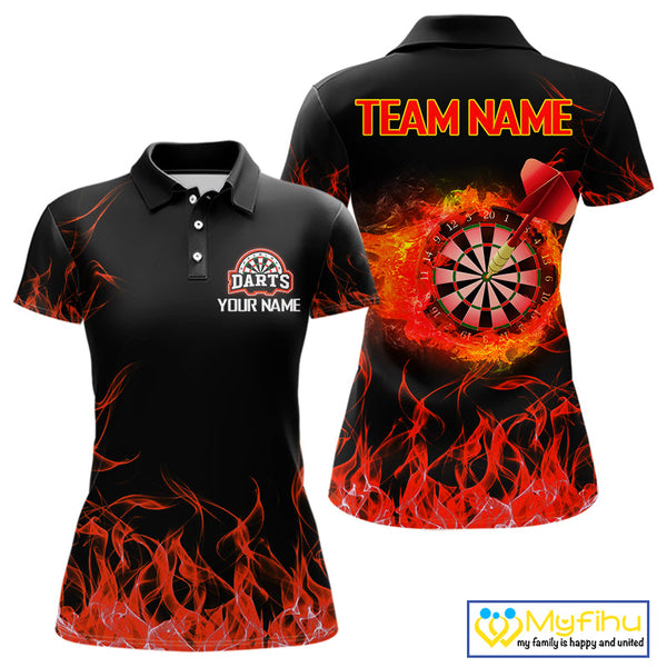 Custom Black And Red Fire Flame Darts Women Polo Shirts For Team, Dart Jerseys NYN0216