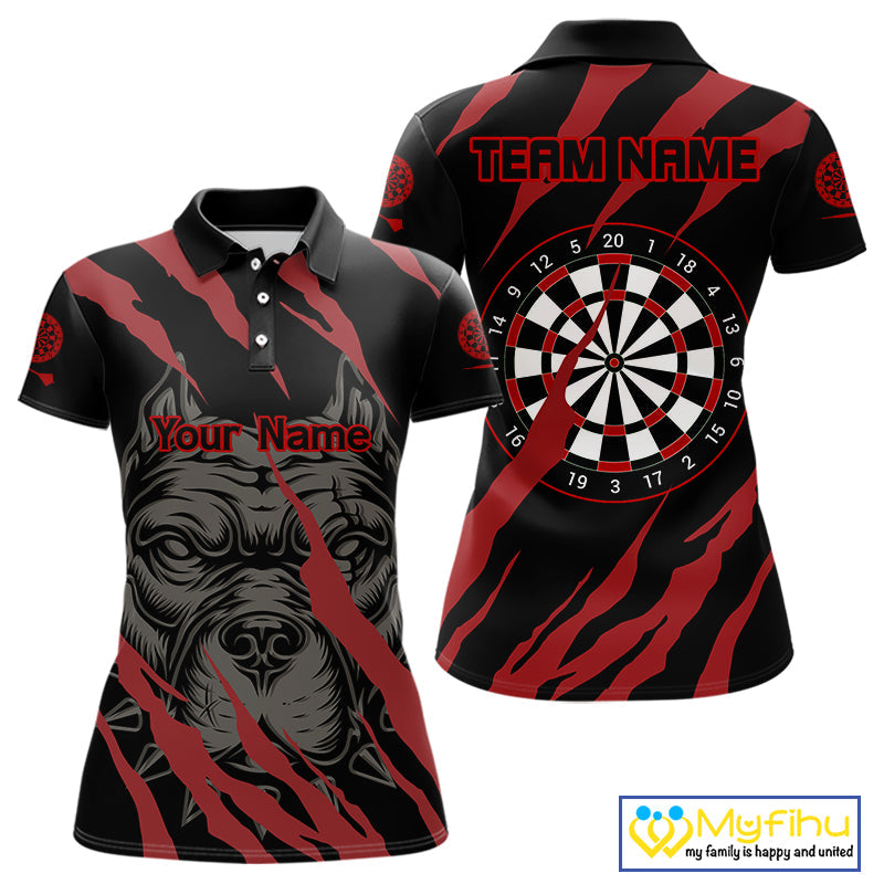 Custom Black And Red Pitbull Dog Claw Marks Dart Team Polo Shirts For Women, Dart Jerseys NYN0221