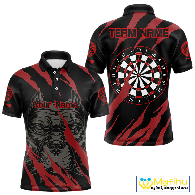 Custom Black And Red Pitbull Dog Claw Marks Dart Team Polo Shirts For Men, Dart Jerseys NYN0221