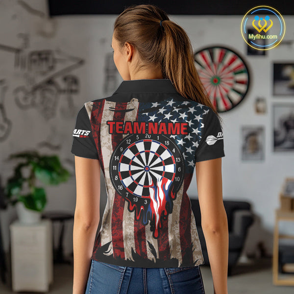 Custom Vintage US Flag Dart Patriotic Dart Team Women Polo Shirts, Retro Dart Jerseys NYN0420