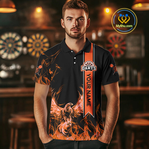 Custom Black And Orange Fire Flame Eagle Darts Team Men Polo Shirt, Dart League Shirt NYN0069