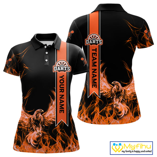 Custom Black And Orange Fire Flame Eagle Darts Team Women Polo Shirt, Dart League Shirt NYN0069