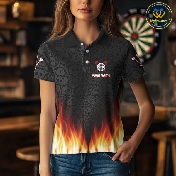Custom Flame Skull Darts Team Polo Shirts For Women, Halloween Dart Shirt NYN0070