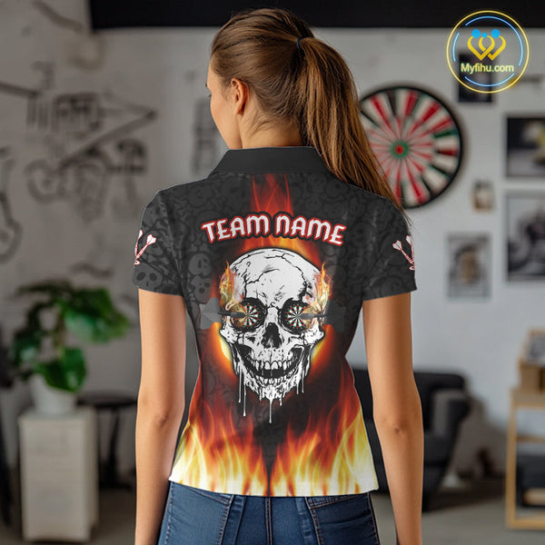 Custom Flame Skull Darts Team Polo Shirts For Women, Halloween Dart Shirt NYN0070