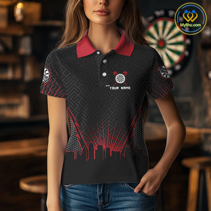 Custom Black And Red Fire Flame Darts Polo Shirts For Women, Vintage Dart Team Shirt NYN0071