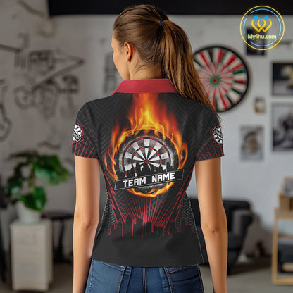 Custom Black And Red Fire Flame Darts Polo Shirts For Women, Vintage Dart Team Shirt NYN0071