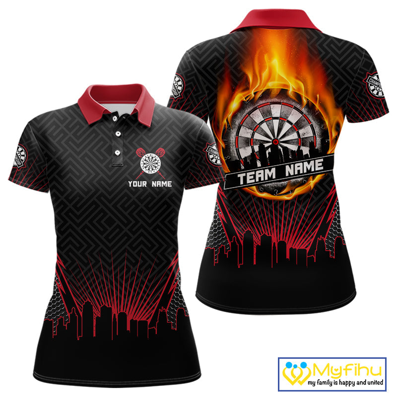 Custom Black And Red Fire Flame Darts Polo Shirts For Women, Vintage Dart Team Shirt NYN0071