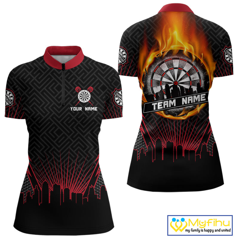 Custom Black And Red Fire Flame Darts Women Quarter-Zip Shirts, Vintage Dart Team Shirt NYN0071