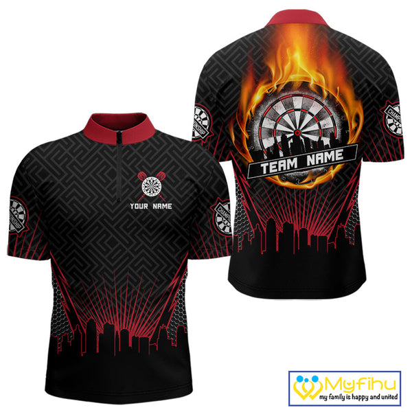 Custom Black And Red Fire Flame Darts Quarter-Zip Shirts For Men, Vintage Dart Team Shirt NYN0071