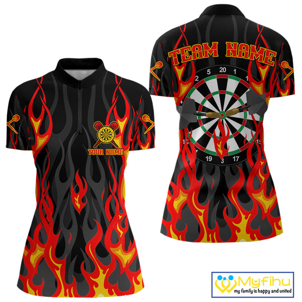 Custom Fire Flame Darts Team Quarter-Zip Shirts For Women, Dart Tournament Shirt NYN0072