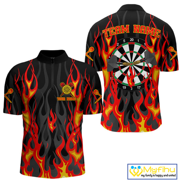 Custom Fire Flame Darts Team Quarter-Zip Shirts For Men, Dart Tournament Shirt NYN0072