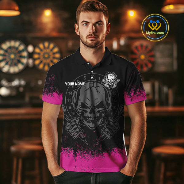 Custom Black And Pink Skull Darts Men Polo Shirts, Dart Team Tournament Shirt NYN0078
