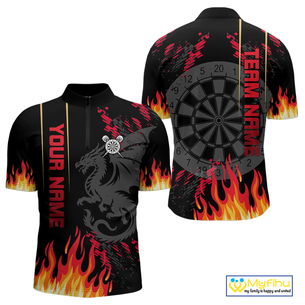 Custom Red Flame Dragon Dart Team Men Quarter-Zip Shirts, Dragon Darts Jerseys NYN0081