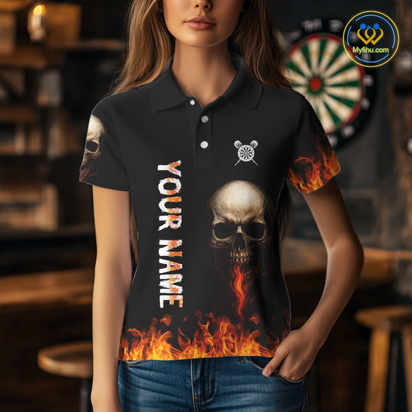Custom Flame Skull Darts Polo Shirts For Women, Dart Tournament Team Jersey NYN0087