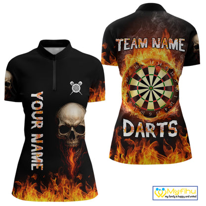 Custom Flame Skull Darts Quarter-Zip Shirts For Women, Dart Tournament Team Jersey NYN0087