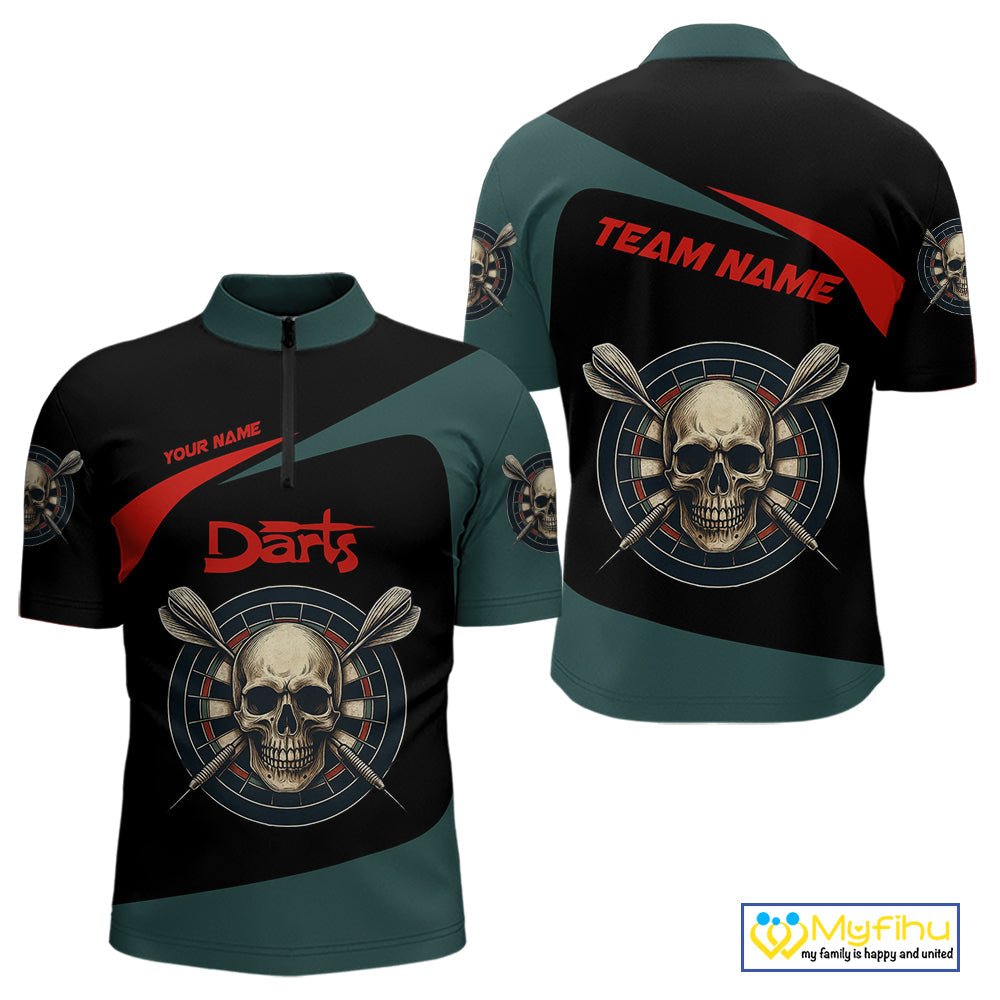 Custom Black Green Skull Dart Skull Quarter-Zip Shirts For Men, Halloween Dart Outfit NYN0700