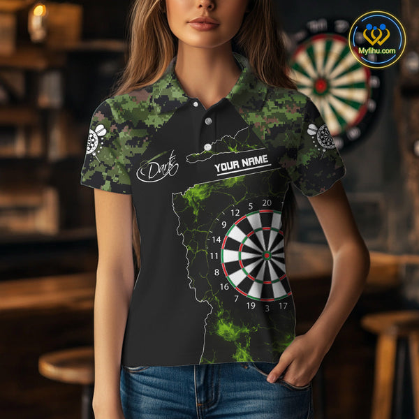 Custom Green Camouflage Darts Team Women Polo Shirts, Green Camo Dart League Shirt NYN0063
