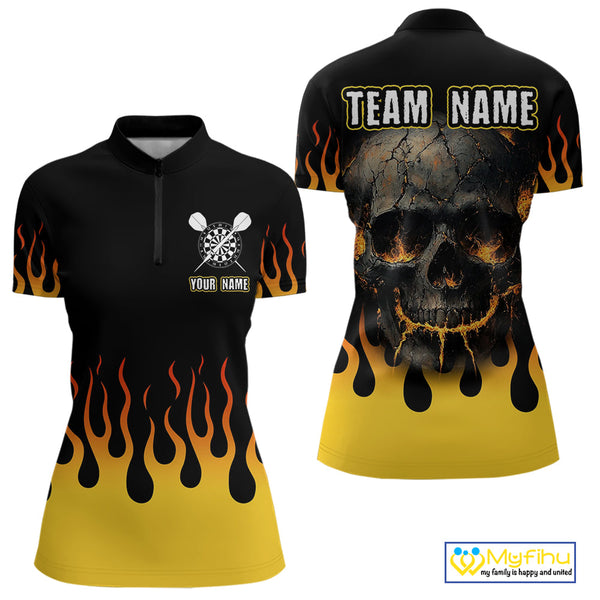 Custom Yellow Flame Skull Darts Quarter-Zip Shirts For Women, Halloween Dart League Shirt NYN0068