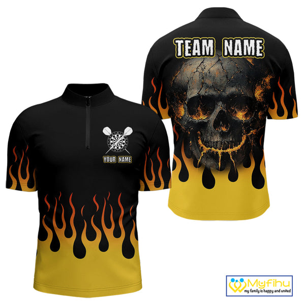 Custom Yellow Flame Skull Darts Quarter-Zip Shirts For Men, Halloween Dart League Shirt NYN0068
