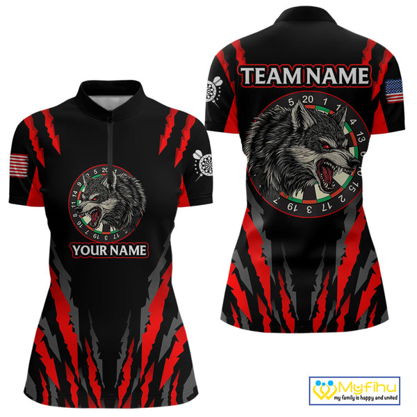 Custom Black And Red Wolf Darts Quarter-Zip Shirts For Women, Dart Tournament Team Shirt NYN0073