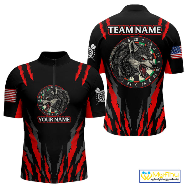 Custom Black And Red Wolf Darts Quarter-Zip Shirts For Men, Dart Tournament Team Shirt NYN0073