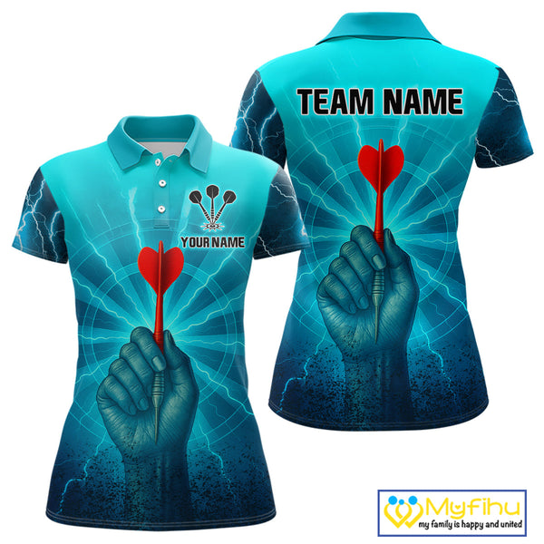 Custom Blue Thunder Lightning Darts Team Polo Shirts For Women, Dart Jersey NYN0316