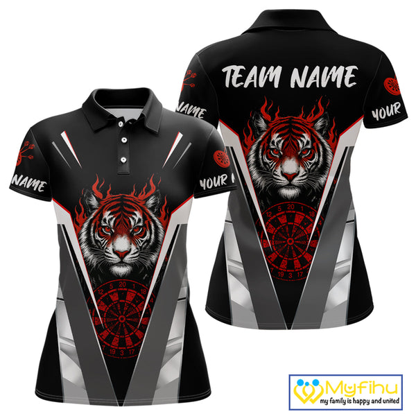Custom Black And Red Flame Tiger Dart Team Women Polo Shirts, Tiger Dart Jerseys NYN0337