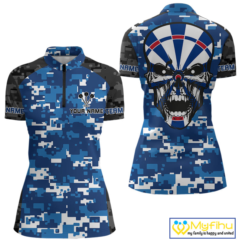 Custom Black And Blue Digital Camo Skull Dartboard Dart Team Quarter-Zip Shirt For Women NYN0694