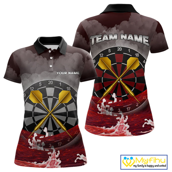 Custom Red Ocean Wave Golden Darts Polo Shirt For Women, Dart Team Jerseys NYN0492
