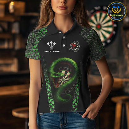 Custom Black And Green Snake Dart Team Polo Shirt For Women, Dart Jerseys NYN0508