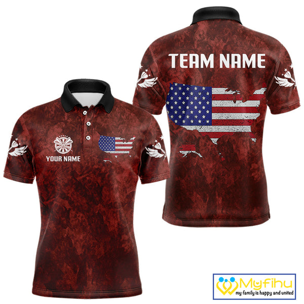 Custom Black And Red Camo Dart Team Men Polo Shirts, Patriotic Dart Tournament Shirt NYN0524