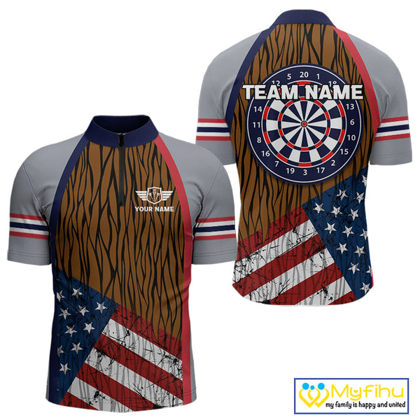 Custom Grunge US Flag Patriotic Dart Quarter-Zip Shirt For Men, Dart Team Jerseys NYN0528