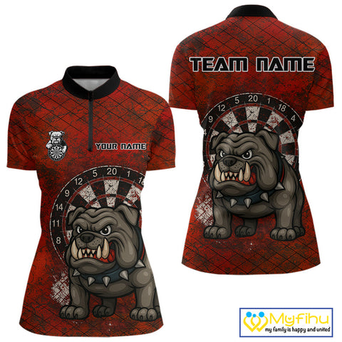 Custom Grunge Black And Red Bulldog Dart Quarter-Zip Shirt For Women, Vintage Dart Shirt NYN0596