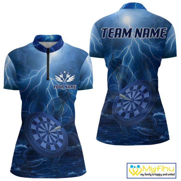 Custom Blue Thunder Lightning Darts Team Quarter-Zip Shirts For Women, Dart Jersey NYN0614