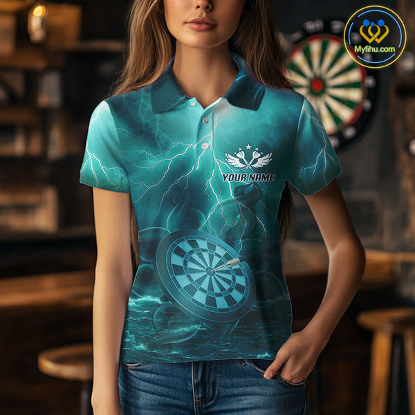 Custom Blue Thunder Lightning Darts Team Polo Shirts For Women, Dart Jersey NYN0616