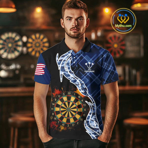 Custom Black And Blue Camo Flame Dartboard Dart Men Polo Shirts, Patriotic Dart Team Shirt NYN0376