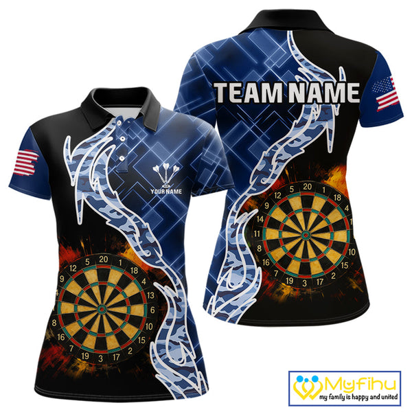 Custom Black And Blue Camo Flame Dartboard Dart Women Polo Shirts, Patriotic Dart Shirt NYN0376